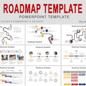 Puede incluir: Una plantilla de PowerPoint titulada "Roadmap Template" con varios diseños de hoja de ruta. Los diseños incluyen líneas de tiempo, diagramas de flujo y representaciones visuales de los hitos del proyecto. La plantilla es compatible con Google Slides, PowerPoint y Keynote.