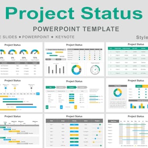 Peut inclure: Un modèle PowerPoint intitulé "Project Status" avec divers graphiques et tableaux. La conception comprend des indicateurs de progression, des chronologies et des tableaux de données, le tout dans une palette de couleurs vert d'eau, jaune et gris. Compatible avec Google Slides, PowerPoint et Keynote.