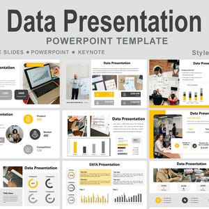 Può includere: Un modello PowerPoint intitolato "Data Presentation" con sfondo grigio chiaro. Il modello include varie diapositive con grafici e visualizzazioni di dati. È presente anche il testo "GOOGLE SLIDES • POWERPOINT • KEYNOTE".