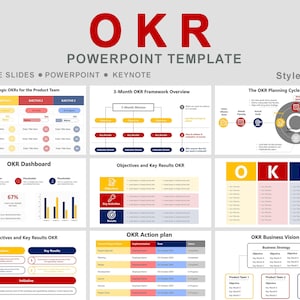 May include: A PowerPoint template labelled "OKR" with a light grey background. The template includes slides for strategic OKRs, OKR dashboards, and business vision. The text includes "Google Slides," "PowerPoint," and "Keynote."
