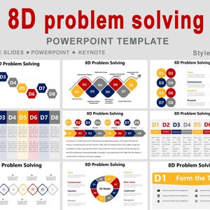 May include: A PowerPoint template for "8D problem solving" with various slides. The slides display diagrams and text, including "GOOGLE SLIDES", "POWERPOINT", and "KEYNOTE". The design incorporates red, yellow, blue, and grey.