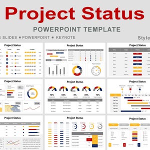 May include: A PowerPoint template titled "Project Status" with various charts and graphs. The template includes slides for Google Slides, PowerPoint, and Keynote. The design features a color scheme of red, blue, yellow, and gray.