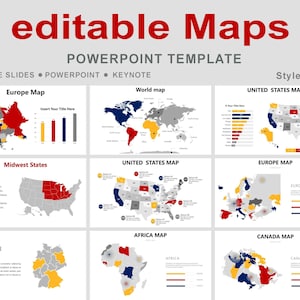May include: A PowerPoint template with the title "editable Maps" in red. The image displays various map styles, including Europe, World, United States, Midwest States, Africa, Germany, and Canada. The template is compatible with Google Slides, PowerPoint, and Keynote.