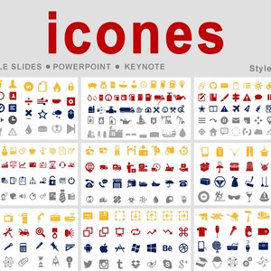 May include: A graphic design featuring a collection of colorful icons in red, yellow, blue, and gray. The word "icones" is displayed in large red letters at the top, with "GOOGLE SLIDES POWERPOINT KEYNOTE" below.