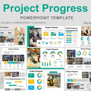 Puede incluir: Una plantilla de PowerPoint titulada "Project Progress" con varios gráficos, diagramas e imágenes de trabajadores de la construcción y entornos de oficina. La plantilla incluye texto como "Google Slides", "PowerPoint" y "Keynote".