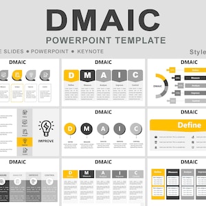 Puede incluir: Plantilla de PowerPoint "DMAIC" sobre un fondo gris claro. La plantilla incluye diapositivas que detallan el proceso DMAIC: Definir, Medir, Analizar, Mejorar y Controlar. El diseño incorpora elementos amarillos y grises.