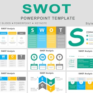 May include: A PowerPoint template with the word "SWOT" in large teal letters. The template includes various layouts for SWOT analysis, with sections for strengths, weaknesses, opportunities, and threats. The design incorporates teal, blue, yellow, and gray.