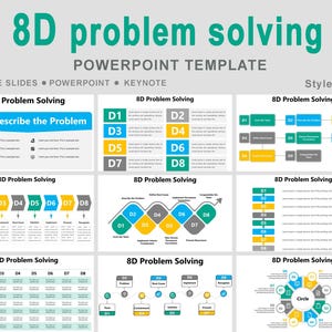May include: A PowerPoint template titled "8D problem solving" with multiple slides. The slides feature diagrams and text boxes outlining the 8D problem-solving process. The color scheme includes teal, yellow, and gray. The template is designed for Google Slides, PowerPoint, and Keynote.