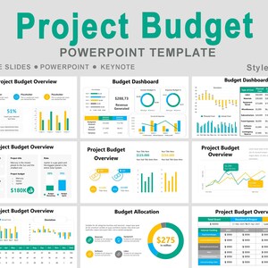 以下が含まれることがあります： 「Project Budget」というタイトルのPowerPointテンプレート。ターコイズ色のタイトルです。プロジェクト予算の概要、予算ダッシュボード、予算配分のためのさまざまなグラフとデータ視覚化が含まれています。Google Slides、PowerPoint、Keynote向けに設計されています。
