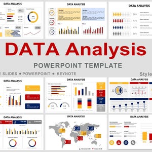 Könnte beinhalten: Eine PowerPoint-Vorlage mit dem Titel "DATA Analysis" mit verschiedenen Diagrammen in Gelb, Rot und Blau. Die Vorlage enthält Datenvisualisierungen für Google Slides, PowerPoint und Keynote. Stil #03.