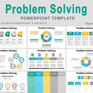 May include: A PowerPoint template titled "Problem Solving" with a light grey background. The title is in teal, and the subtitle is in grey. The template includes various slides with diagrams and numbered steps for problem-solving processes.