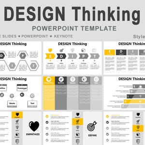Può includere: Modello PowerPoint "DESIGN Thinking" in grigio e giallo. Le diapositive presentano diagrammi e testo, tra cui "Empathize", "Define", "Ideate", "Prototype" e "Test". Progettato per Google Slides, PowerPoint e Keynote.