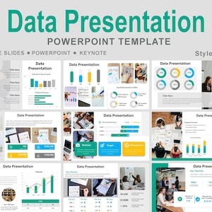 Pode incluir: Um modelo PowerPoint intitulado "Data Presentation" com um esquema de cores turquesa e cinza. O modelo inclui vários slides com gráficos e visualizações de dados. O texto "GOOGLE SLIDES • POWERPOINT • KEYNOTE" também é visível.