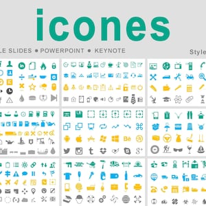 May include: A collection of colorful icons in blue, yellow, and green, arranged in a grid. The word "icones" is displayed in large, teal letters at the top. Below, text reads "GOOGLE SLIDES • POWERPOINT • KEYNOTE" in a smaller font.