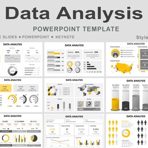 Può includere: Modello PowerPoint "Data Analysis" su sfondo grigio chiaro. Include grafici e infografiche in giallo, grigio e bianco, per la presentazione e l'analisi dei dati. Compatibile con Google Slides, PowerPoint e Keynote.