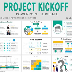 May include: A PowerPoint template titled "PROJECT KICKOFF" with various sections including project team structure, methodology, dependency, and charter. The design incorporates teal, yellow, and gray elements, with the text "GOOGLE SLIDES POWERPOINT KEYNOTE".