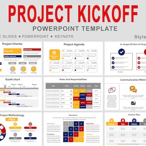 May include: A PowerPoint template titled "PROJECT KICKOFF" with various slides. The slides include project charter, agenda, Gantt chart, roles and responsibilities, communication matrix, project methodology, risk matrix, and action plan. The template is for Google Slides, PowerPoint, and Keynote.