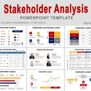 May include: A PowerPoint template titled "Stakeholder Analysis" with various charts and diagrams. The template includes a stakeholder prioritization matrix, project stakeholder map, and a stakeholder journey map. The text "GOOGLE SLIDES • POWERPOINT • KEYNOTE" is also present.