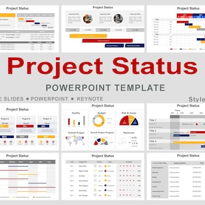 May include: A PowerPoint template titled "Project Status" with various charts and graphs. The design includes progress bars, pie charts, and tables, with a color scheme of red, blue, yellow, and gray. The text "Project Status" is prominently displayed.