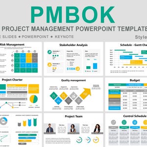 May include: A project management PowerPoint template titled "PMBOK" with various charts and diagrams. The template includes sections on risk management, stakeholder analysis, schedule, budget, and project team. The design uses a color scheme of green, blue, yellow, and gray.