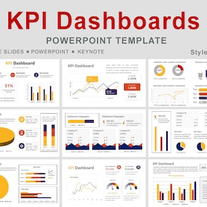 Może przedstawiać: Szablon programu PowerPoint zatytułowany "KPI Dashboards" z różnymi wizualizacjami danych. Projekt zawiera wykresy i infografiki w układzie siatki. Schemat kolorów zawiera elementy czerwone, żółte, niebieskie i pomarańczowe. Tekst zawiera "Google Slides", "PowerPoint" i "Keynote".