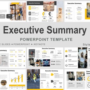 Könnte beinhalten: Eine PowerPoint-Vorlage mit dem Titel "Executive Summary" mit hellgrauem Hintergrund. Die Vorlage enthält verschiedene Folien mit gelben Akzenten, Diagrammen und Text. Der Text enthält "Google Slides", "PowerPoint" und "Keynote".