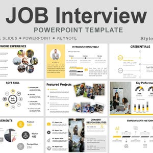 Puede incluir: Una plantilla de presentación digital titulada JOB Interview PowerPoint Template con secciones para experiencia laboral, introducción, credenciales, habilidades, proyectos, métricas de rendimiento, logros, responsabilidades e historial laboral.