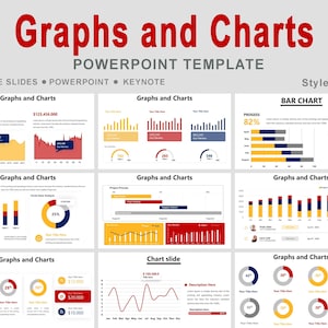 Puede incluir: Una plantilla de PowerPoint titulada "Graphs and Charts" con varios diseños de gráficos en amarillo, rojo y azul. La plantilla incluye gráficos de barras, gráficos circulares y gráficos de líneas, con texto como "GOOGLE SLIDES" y "POWERPOINT".
