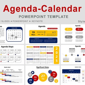 Könnte beinhalten: Eine PowerPoint-Vorlage mit dem Titel "Agenda-Kalender" mit verschiedenen Folienentwürfen. Die Folien umfassen Kalenderlayouts, Agendapunkte, Gantt-Diagramme und wichtige Daten. Das Farbschema ist hauptsächlich Gelb, Blau und Weiß.