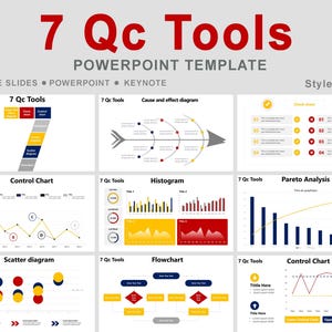 May include: A PowerPoint template titled "7 Qc Tools" with various charts and diagrams. The design includes a color scheme of red, yellow, blue, and gray. The template is designed for Google Slides, PowerPoint, and Keynote.