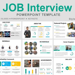 Può includere: Un modello di presentazione digitale intitolato JOB INTERVIEW POWERPOINT TEMPLATE con sezioni per casi studio, chi sono, progetti, referenze, portfolio, riepilogo carriera, quadro di redditività, risultati e competenze.
