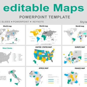 May include: A PowerPoint template with the title "editable Maps" in green. The image displays various world maps, US maps, and maps of Europe, Italy, Africa, and France. The maps are color-coded and labeled.