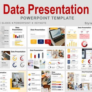 May include: A PowerPoint template titled "Data Presentation" with various data visualization slides. The slides include charts, graphs, and infographics, with text such as "Google Slides," "PowerPoint," and "Keynote." The style is labeled as "Style #03."
