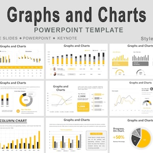 Può includere: Un modello PowerPoint intitolato "Graphs and Charts" con uno sfondo grigio chiaro. Il modello include vari grafici in giallo, nero e bianco, come grafici a barre, grafici a torta e grafici a linee. È visibile anche il testo "GOOGLE SLIDES • POWERPOINT • KEYNOTE".