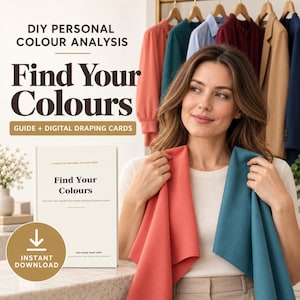 Könnte beinhalten: Ein DIY-Leitfaden zur persönlichen Farbanalyse und digitale Drapierkarten. Das Buchcover zeigt den Text "Find Your Colours" und "A Practical Personal-Styling Guide". Eine Person hält ein korallenfarbenes und ein blaugrünes Stofftuch.