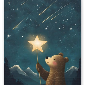 Impresión de oso en lienzo, arte de pared, paisaje de montaña con globos y estrellas, arte estirado mate, decoración de guardería, arte de pared para habitación de niños, regalo para amantes de los animales