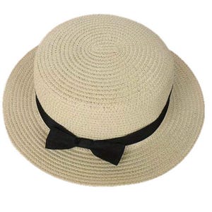 Hoed in Koreaanse stijl met zwart lint met platte bovenkant, ademend en bescherming tegen de zon, voor reizen en dagelijks gebruik, cadeau, strandaccessoire