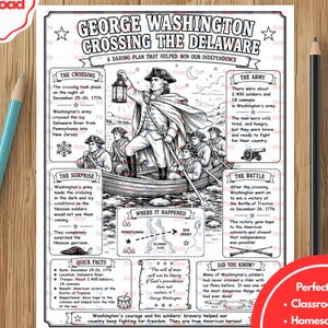 May include: Black and white educational print titled "George Washington Crossing the Delaware." The print includes illustrations and text detailing the historical event, with sections on the crossing, the army, and the battle. It is designed for classrooms, homeschool, social studies, and early elementary.