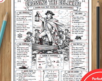 May include: Black and white educational print titled "George Washington Crossing the Delaware." The print includes illustrations and text detailing the historical event, with sections on the crossing, the army, and the battle. It is designed for classrooms, homeschool, social studies, and early elementary.