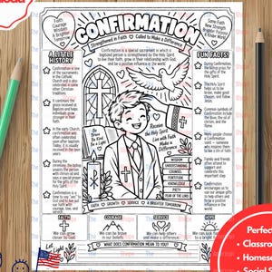 May include: A black and white printable coloring sheet titled CONFIRMATION, featuring a central illustration of a person receiving a blessing, a dove, a cross, and text explaining the sacrament, surrounded by educational sections and fun facts.