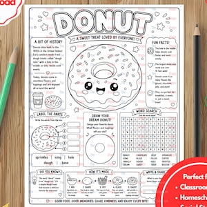 以下が含まれることがあります： DONUTというタイトルの印刷可能なアクティビティシート。顔が描かれた大きなドーナツのイラスト、歴史的事実、ワードサーチパズル、パーツのラベル付けセクション、ドーナツを描くエリア、製造工程を示す図が含まれています。