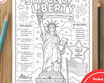 May include: Black and white line art coloring page featuring the Statue of Liberty. The page includes the text "STATUE OF LIBERTY" and "A Symbol of Freedom and Hope." Additional text includes "Fun Facts" and "Did You Know?" with facts about the statue. The page is labeled "Instant download."