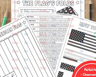 May include: Three printable educational worksheets about the American flag. One sheet explains the meaning of the flag's folds, another provides step-by-step folding instructions, and the third is a coloring page featuring two stick figures.