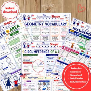 May include: Educational posters titled The American Shope featuring geometry vocabulary, area, circumference, and measurement charts. The sheets include definitions, formulas, and illustrations of stick figures with American flags, plus text.