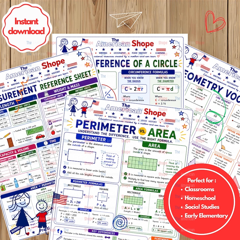 Mathe-Referenzblätter-Bundle | Geometriewortschatz, Maßtabelle, Umfang | 8,5 x 11 druckbares PDF Bild 1
