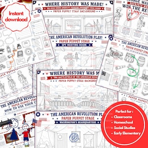 May include: A collection of printable black and white activity sheets for an American Revolution paper puppet stage. The pages feature historical scenes, character cutouts, instructions, and text including Where History Was Made and Spy Meeting Room.
