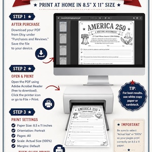 K&ouml;nnte beinhalten: Eine informative Grafik mit dem Titel THE AMERICAN SHOPE HOW TO PRINT YOUR PDF, die einen Computerbildschirm und einen Drucker zeigt, der ein America 250-Schreibblatt auf 21,59 x 27,94 cm Papier ausgibt, inklusive Schritt-f&uuml;r-Schritt-Anleitung.