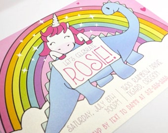 Rainbow Unicorn Dinosaur Birthday Invitation Printable DIGITAL DESIGN