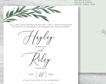 Elegant Simple Watercolor Eucalyptus Garden Wedding Invitation with RSVP