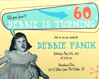 Retro Photo Birthday Invitation with Personal Photo and Retro Design for 40th, 50th, 60th, 70th Birthday Party : Printable Digital Design